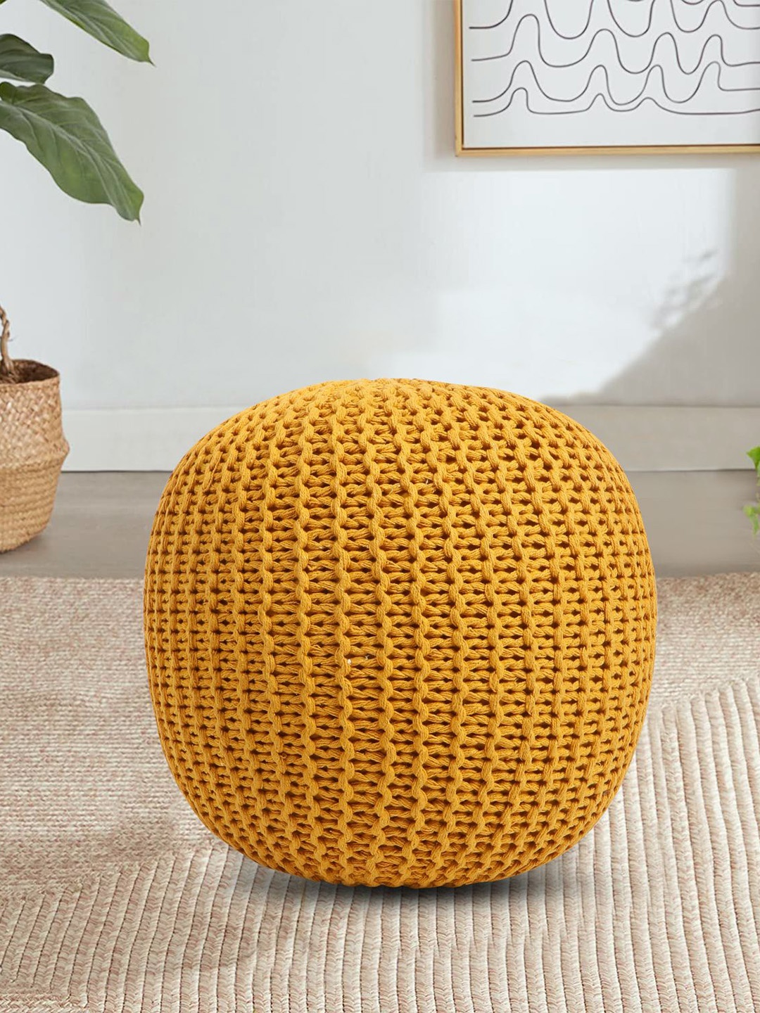 

THE HOME CO. Yellow Solid Braided Pouffe Ottoman