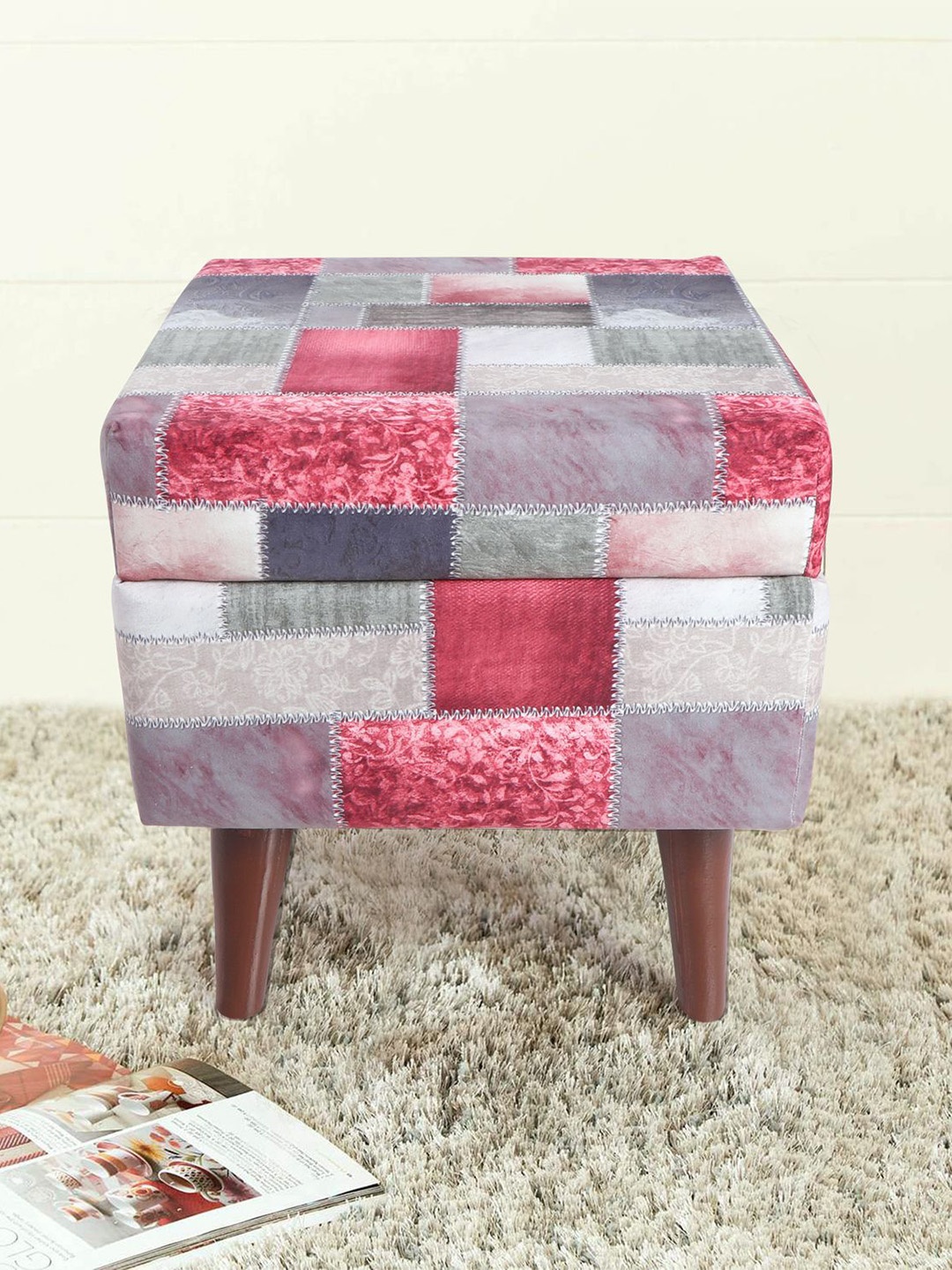 

THE HOME CO. Grey & Maroon Checked Rectangle Sitting Pouffe Ottoman
