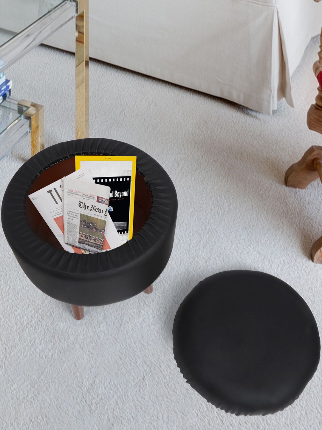 

THE HOME CO. Black & Brown Pouffe Ottoman Sitting Stool
