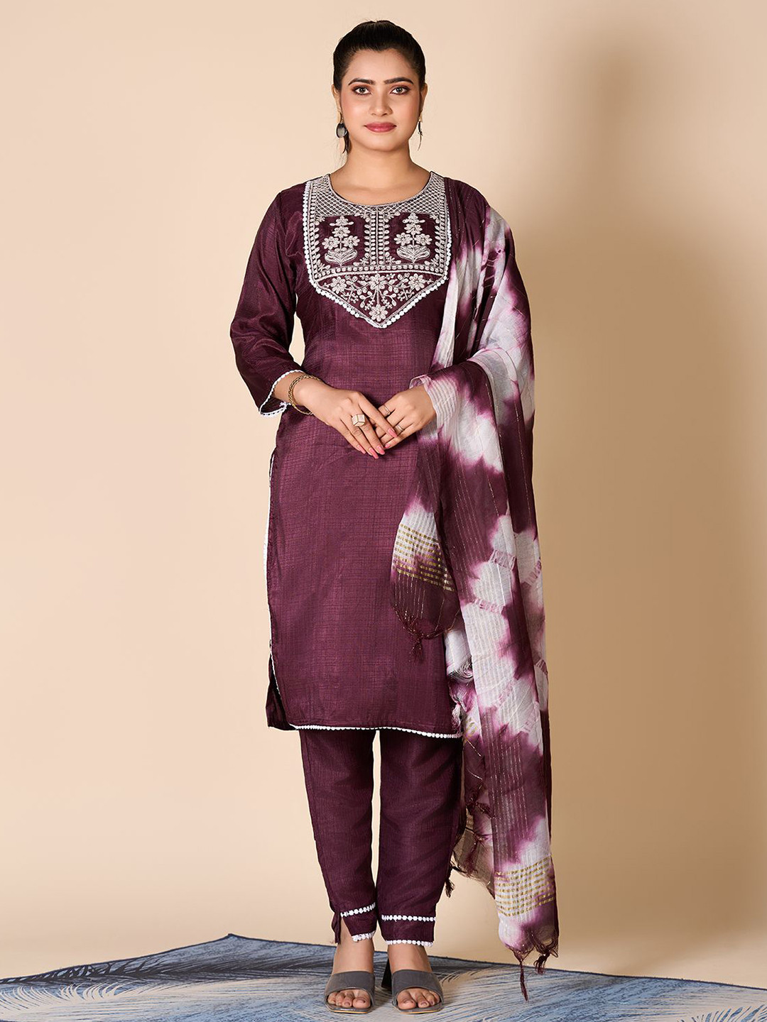 

A.V.M Prints Women Embroidered Pure Silk Straight Kurta With Trousers & Dupatta, Coffee brown