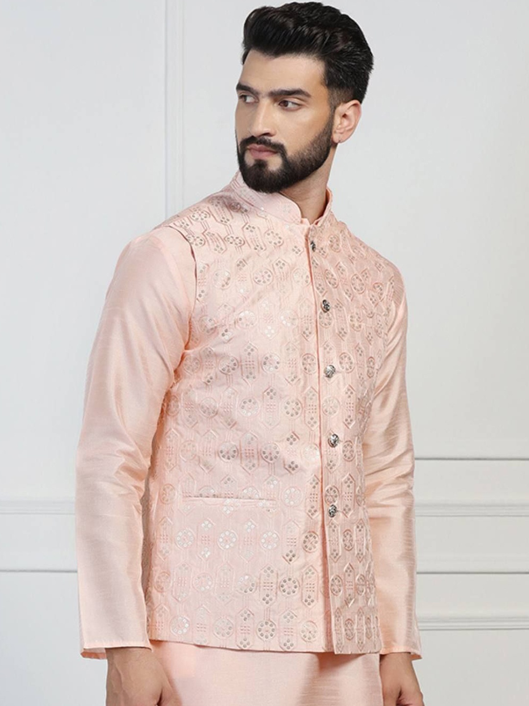 

TAHVO Men Embroidered Mandarin Collar Nehru Jackets, Peach