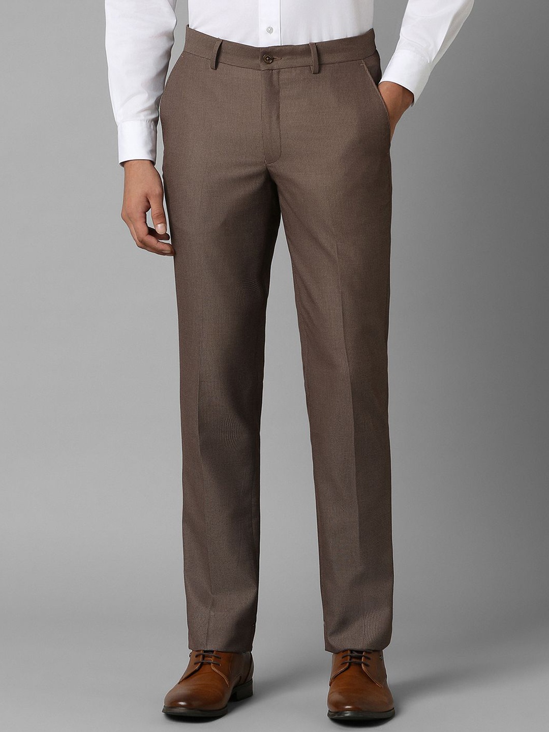 

Louis Philippe Men Slim Fit Textured Flat Front Formal Trousers, Brown