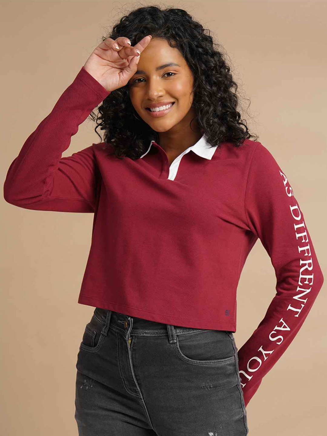

One Sky Women Typography Printed Polo Collar Long Sleeves Cotton T-Shirt, Maroon