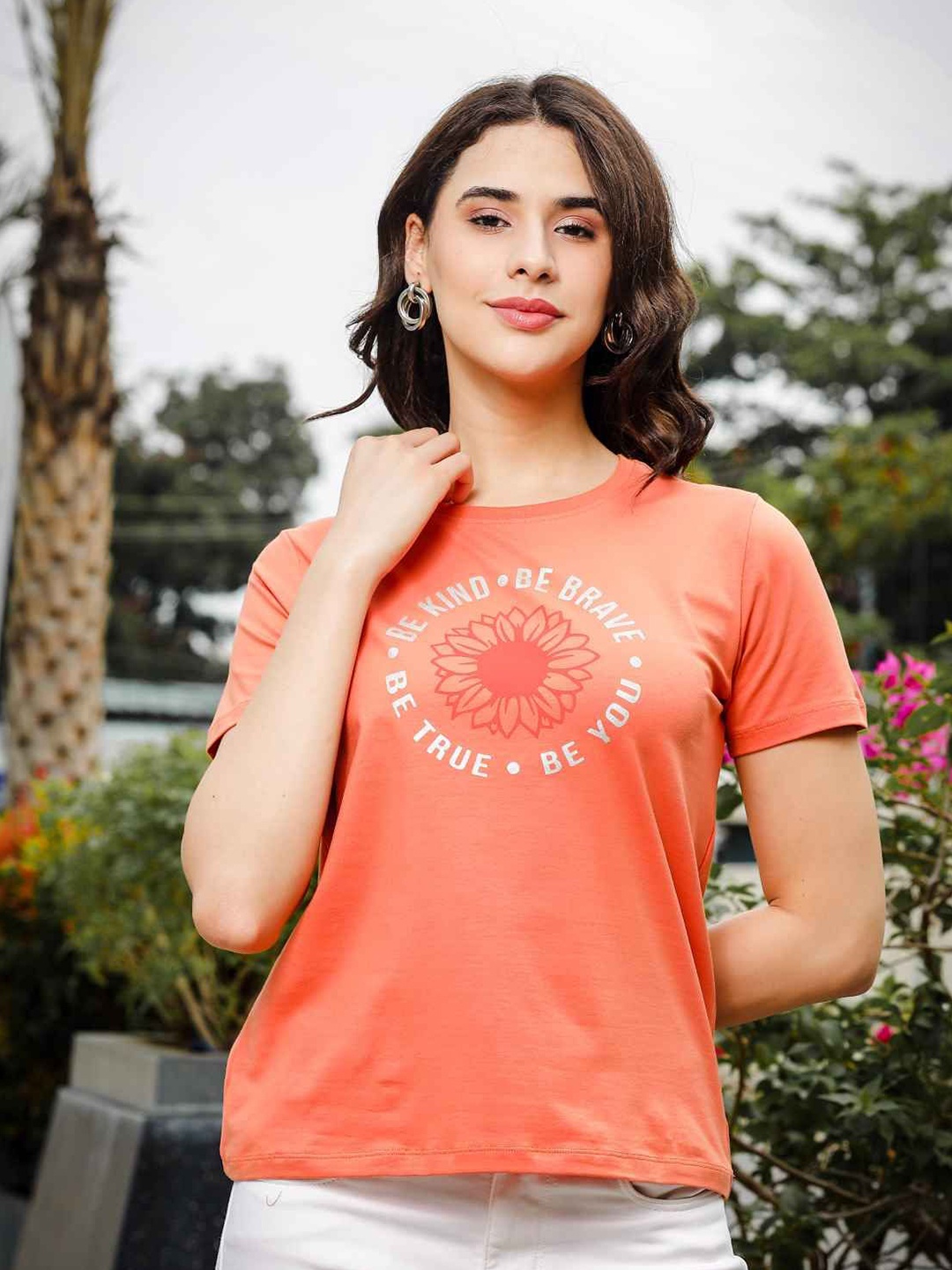 

One Sky Women Typography Printed Round Neck Cotton T-Shirt, Orange