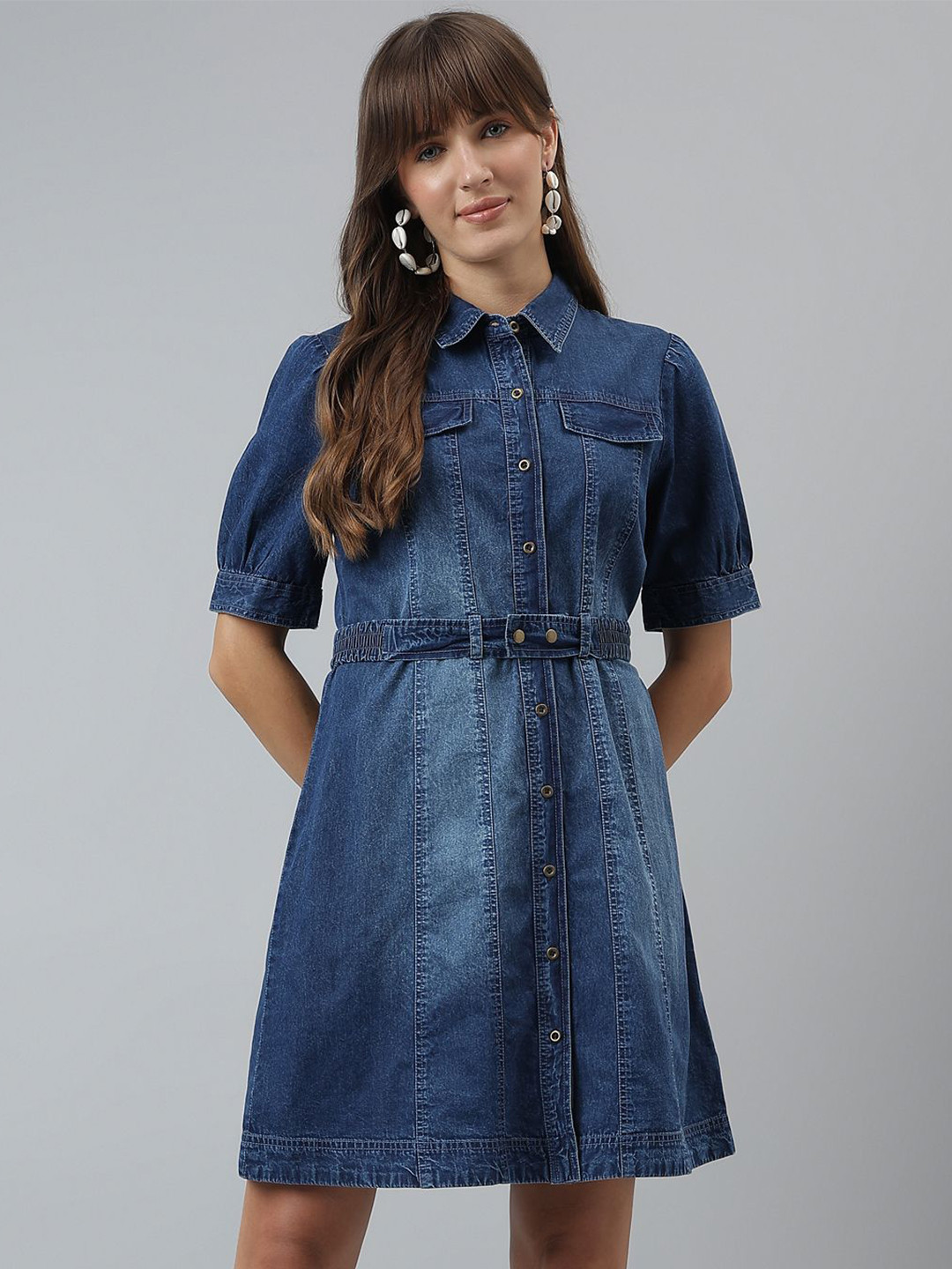 

Latin Quarters Puff Sleeve Denim Shirt Dress, Blue