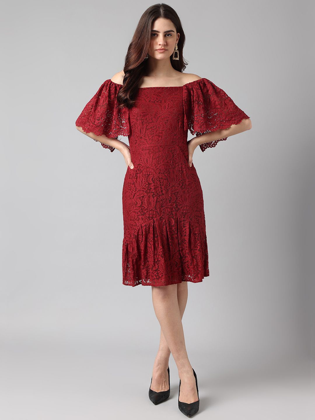 

Latin Quarters Off-Shoulder Flared Sleeve Lace A-Line Dress, Maroon