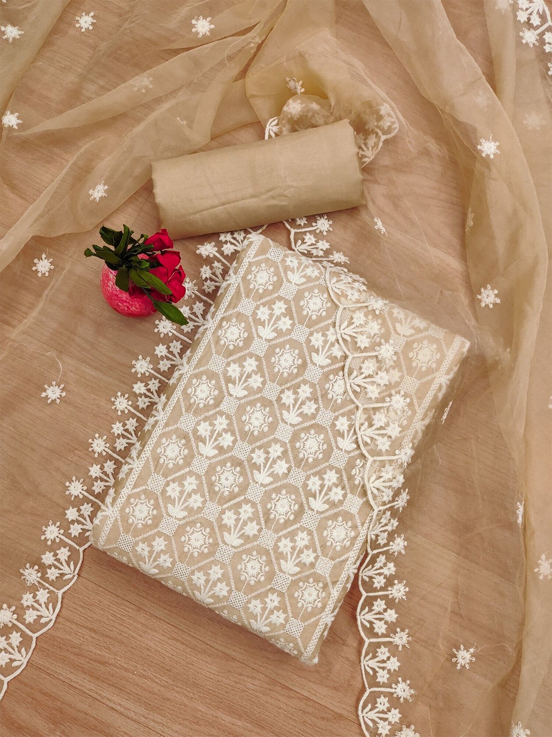 

KALINI Floral Embroidered Unstitched Chanderi Dress Material, Beige
