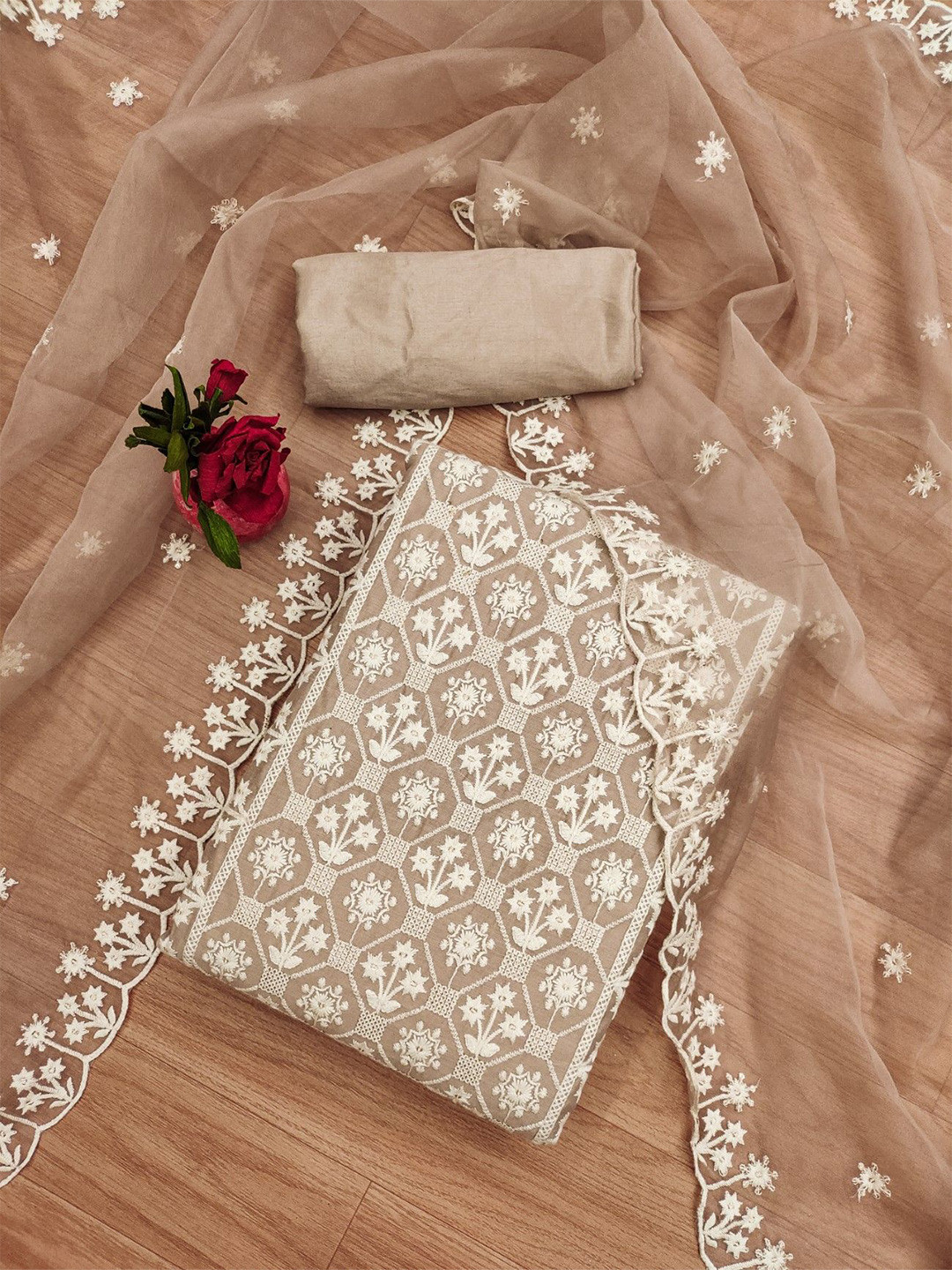 

KALINI Floral Embroidered Unstitched Chanderi Dress Material, Brown