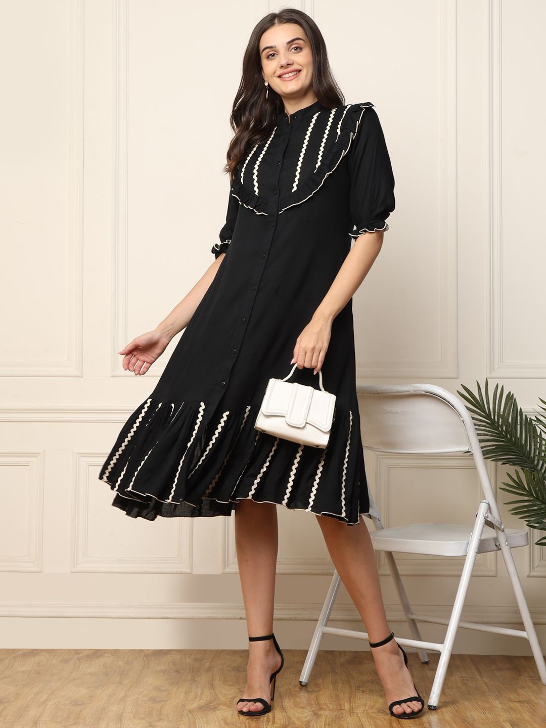 

DEEBACO Women Mandarin Collar Puff Sleeve Shirt Dress, Black