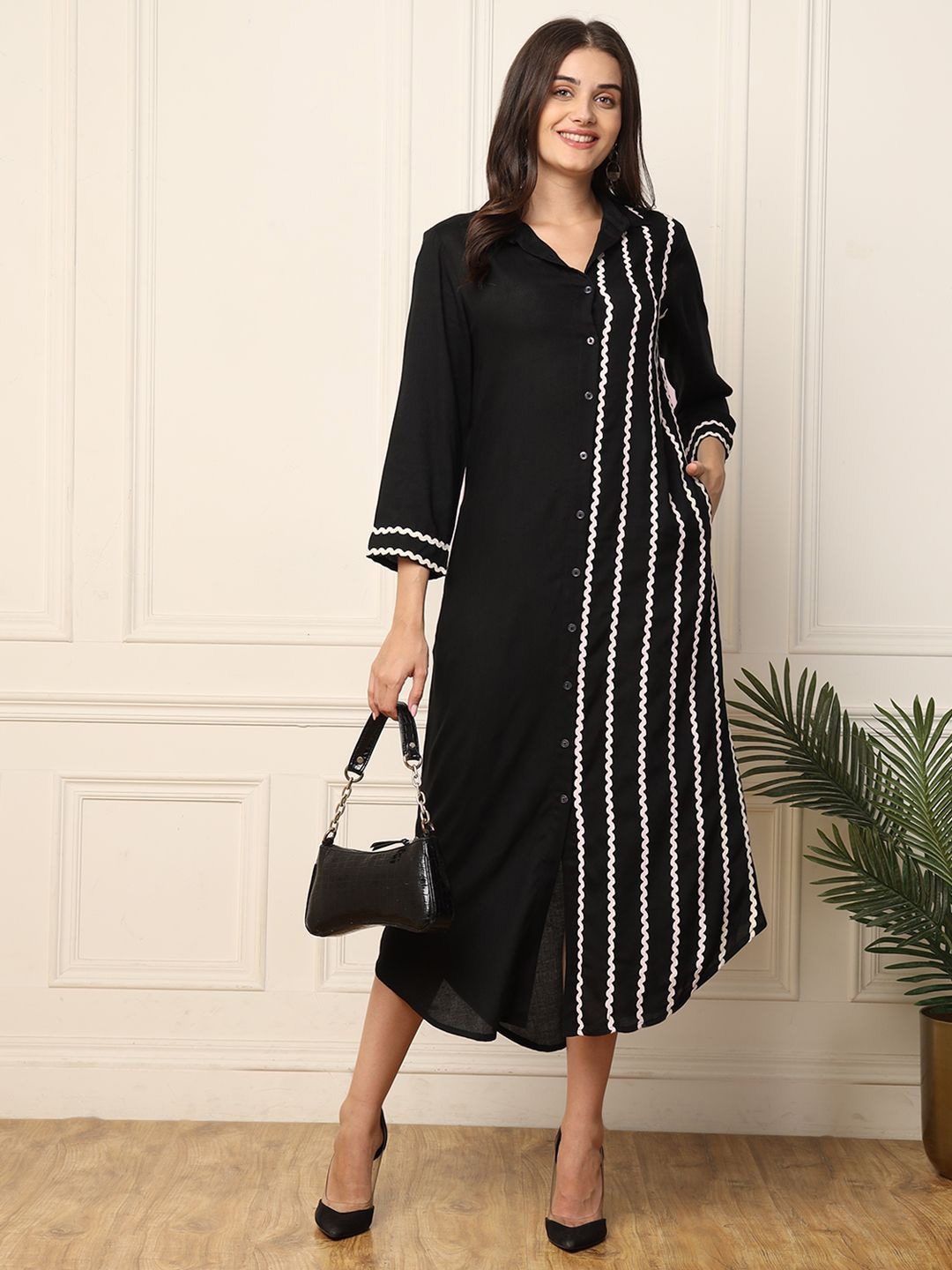 

DEEBACO Striped A-Line Midi Dress, Black