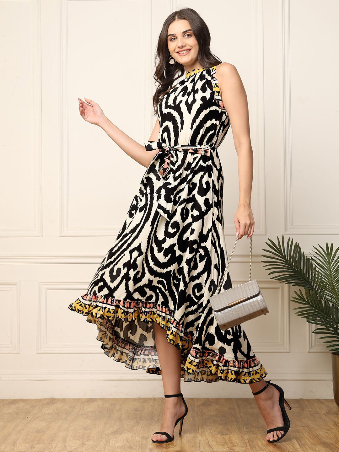 

DEEBACO Women Abstract Print Maxi Dress, Black