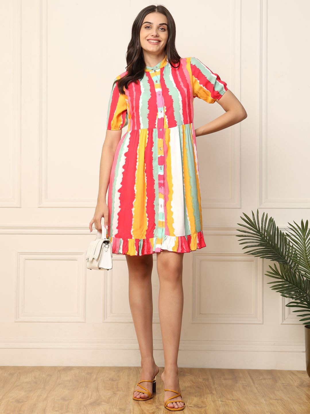 

DEEBACO Women Mandarin Collar Shirt Dress, Pink
