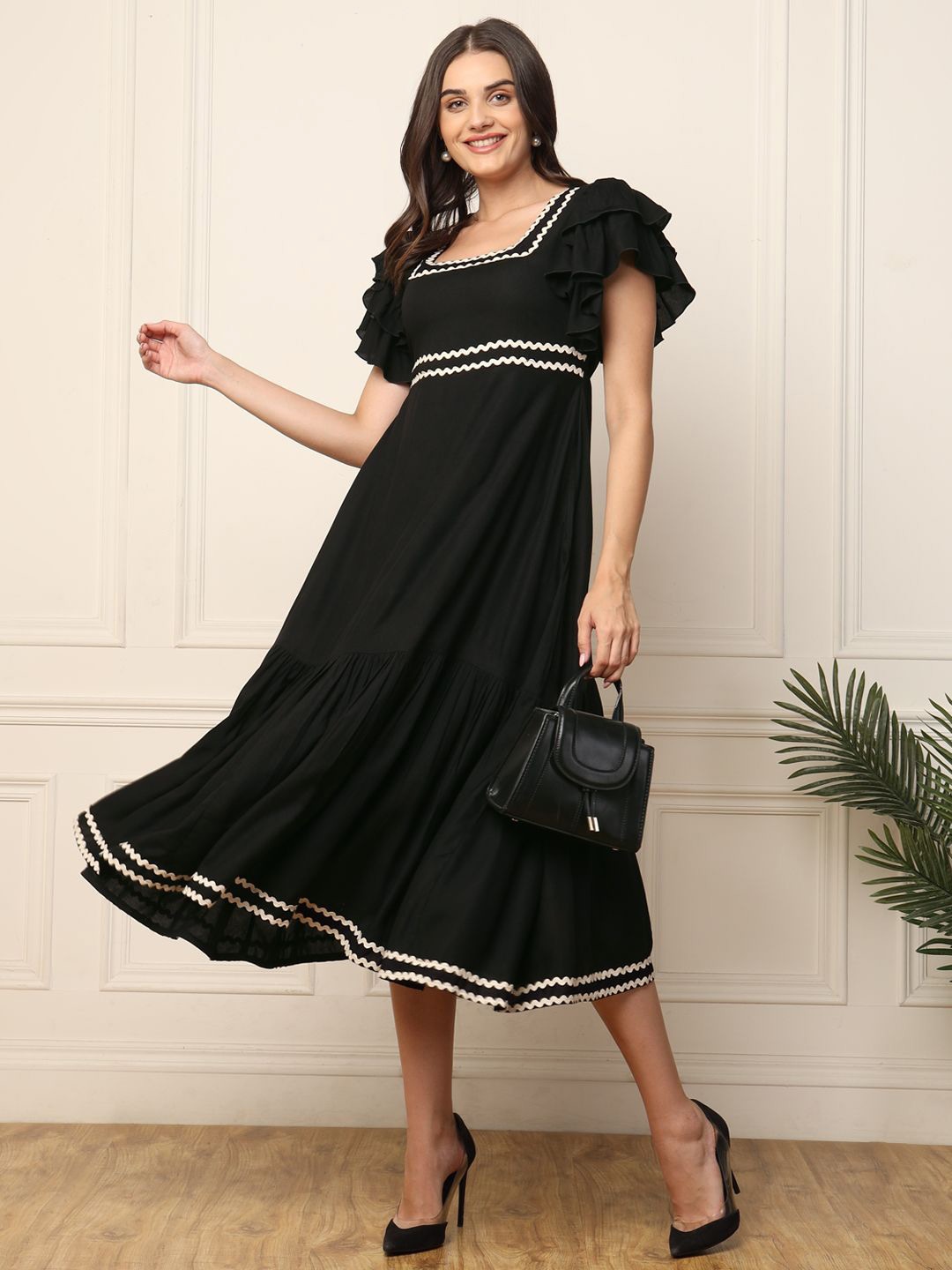 

DEEBACO Women Midi Flutter Sleeve A-Line Dress, Black