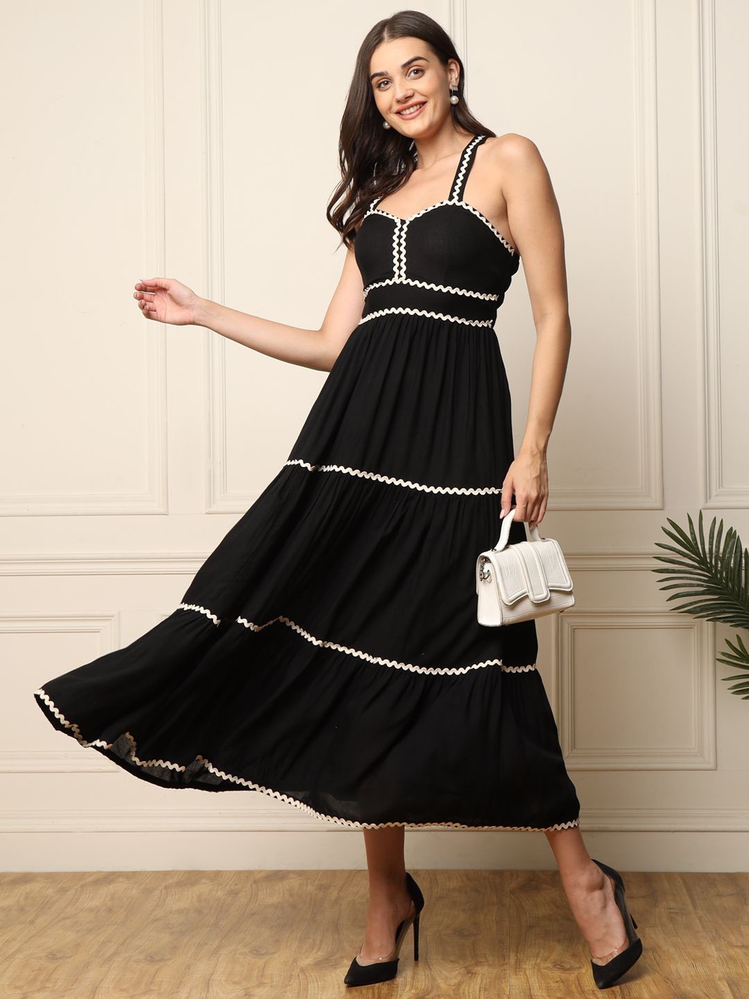 

DEEBACO Shoulder Straps Midi Fit and Flare Dress, Black