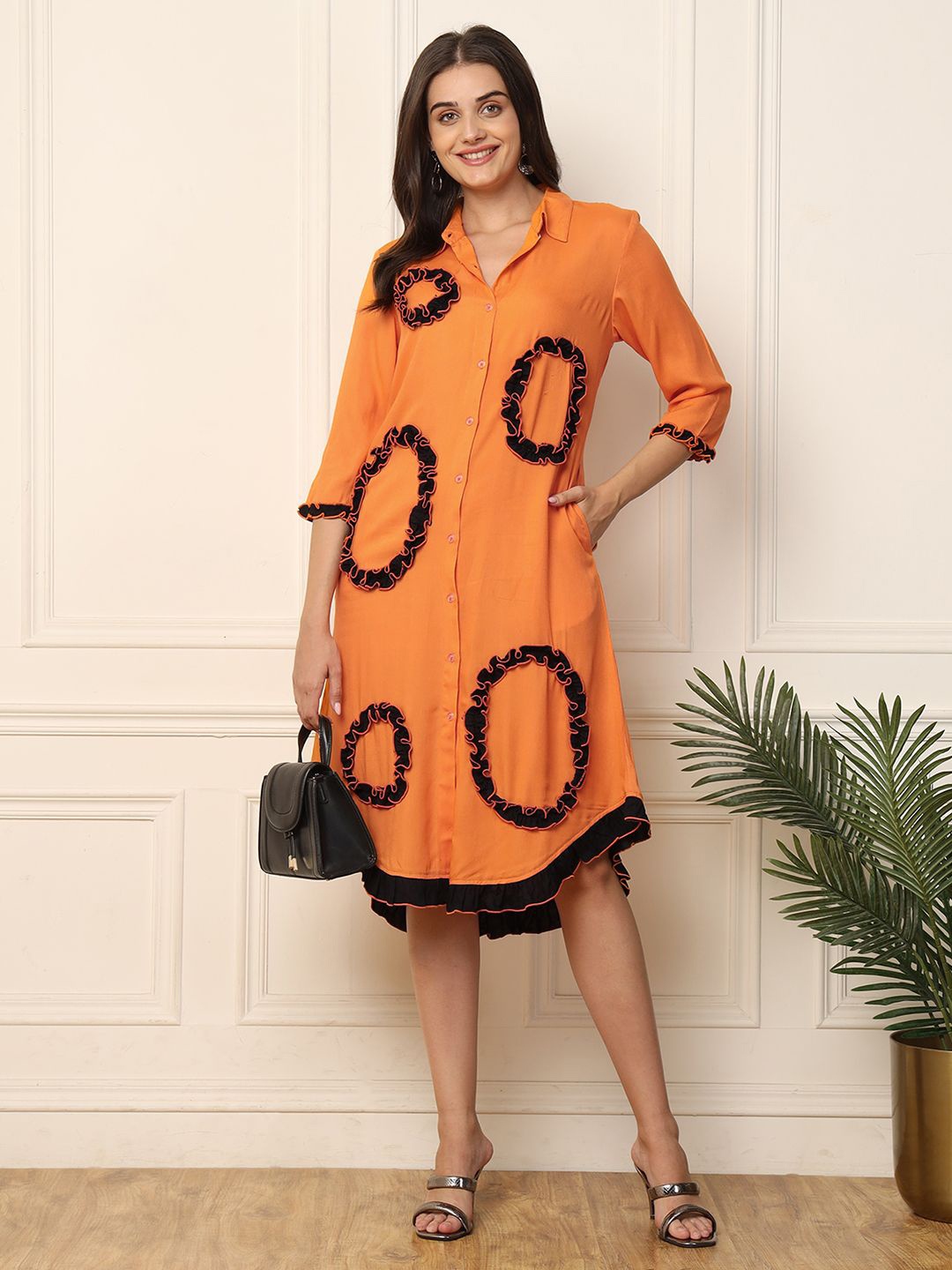 

DEEBACO Embellished Shirt Collar Shirt Dress, Orange