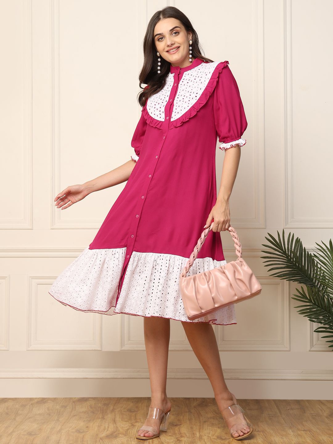

DEEBACO Women Puff Sleeve A-Line Dress, Magenta