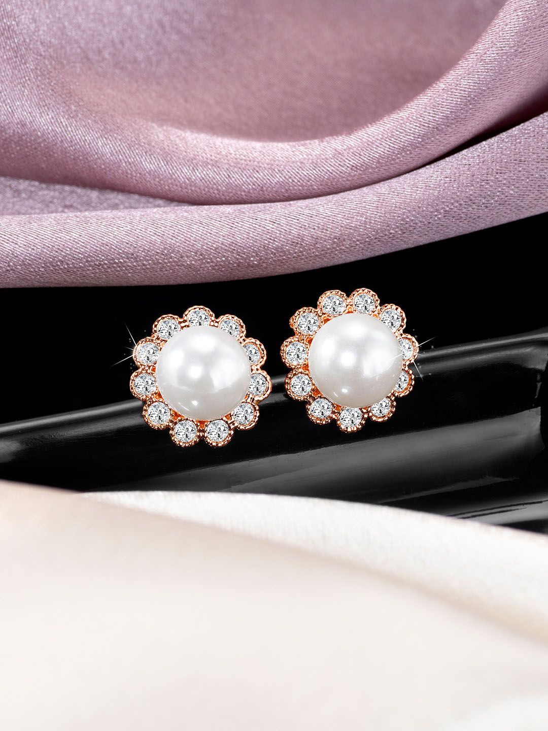 

Peora Rose Gold-Plated Cubic Zirconia Studded & Pearl Beaded Floral Studs Earrings