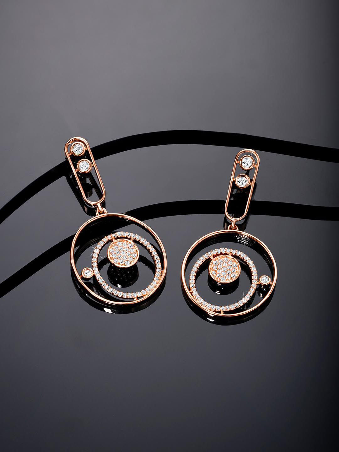 

Peora Rose Gold-Plated Brass Contemporary Shaped Cubic Zirconia Stone Drop Earrings