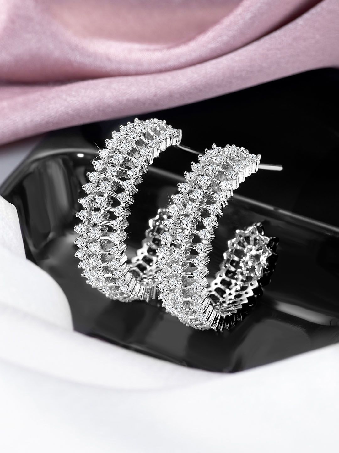 

Peora Silver-Plated Cubic Zirconia Studded Contemporary Shaped Half Hoop Earrings
