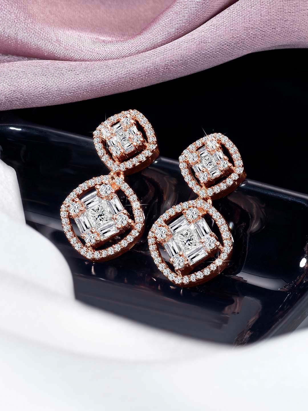 

Peora Contemporary Rose Gold Plated Cubic Zirconia Studded Drop Earrings