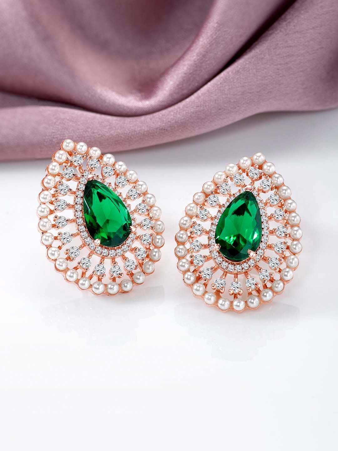 

Peora Rose Gold-Plated Crystal & Cubic Zirconia Studded Teardrop Shaped Earrings, Green