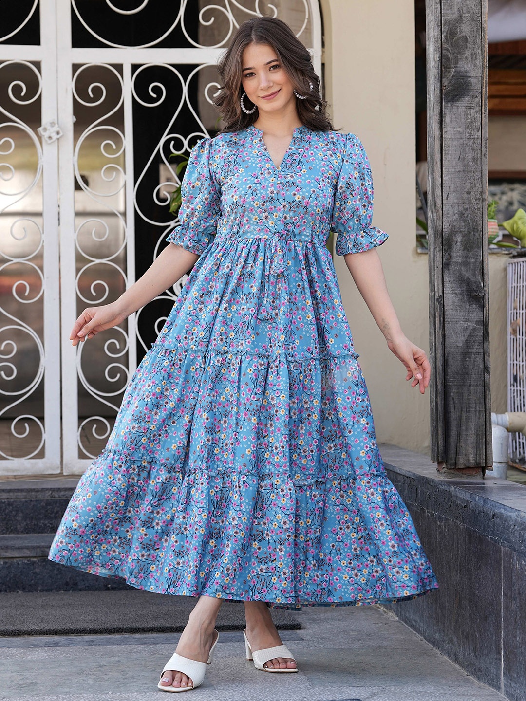 

RIITIH Women Floral Print Empire Midi Dress, Blue