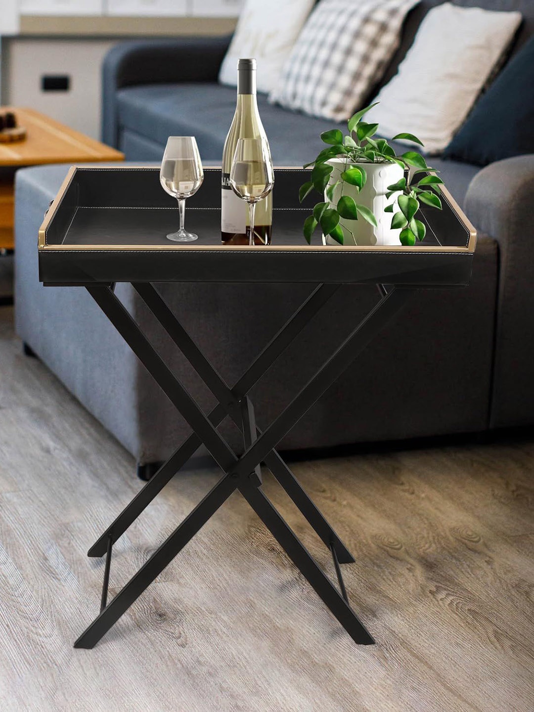 

THE HOME CO. Black & Gold Toned Metal Butlar Rectangle Side Table