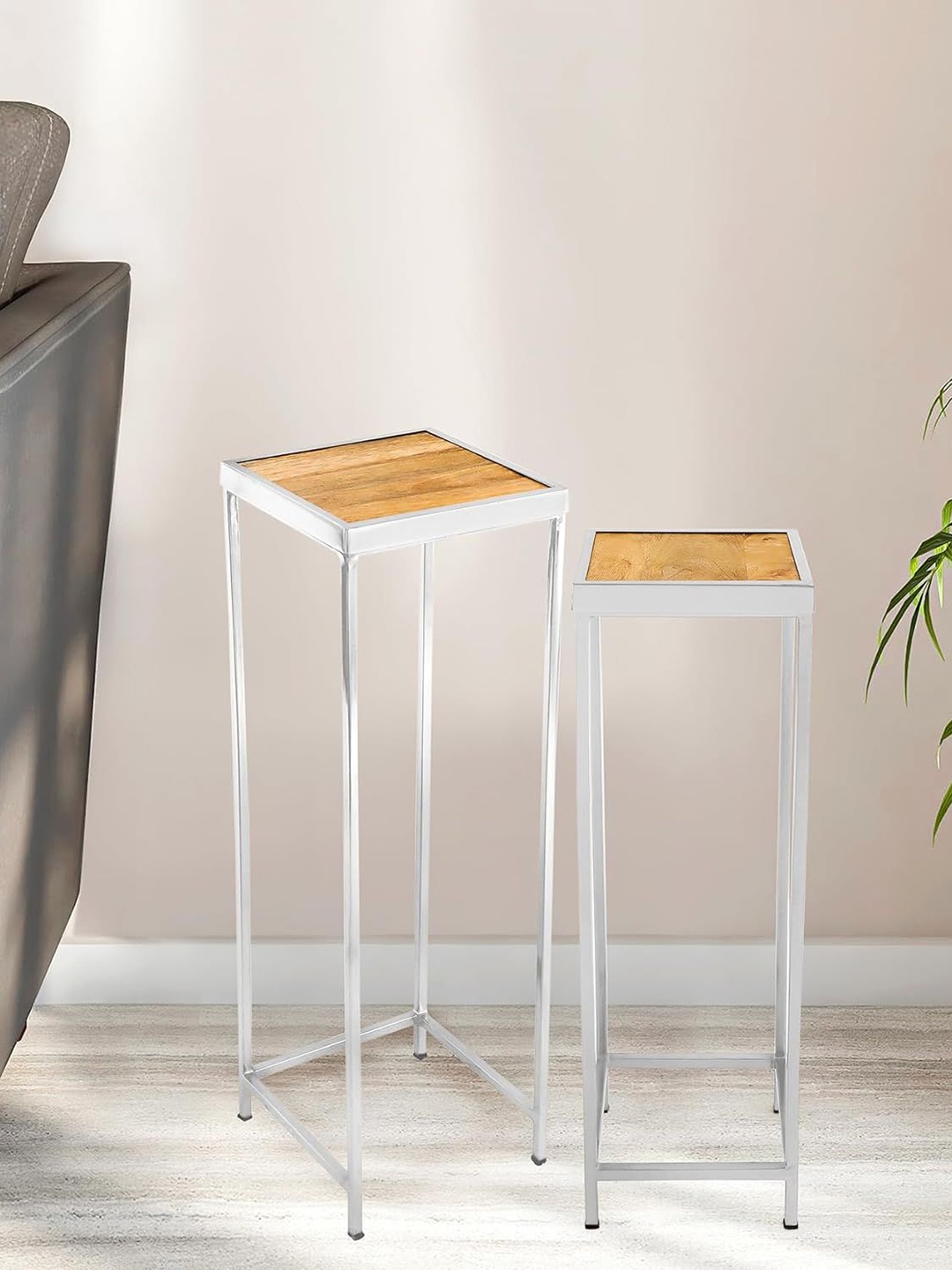 

THE HOME CO. Brown & White 2 Pieces Wooden Stool