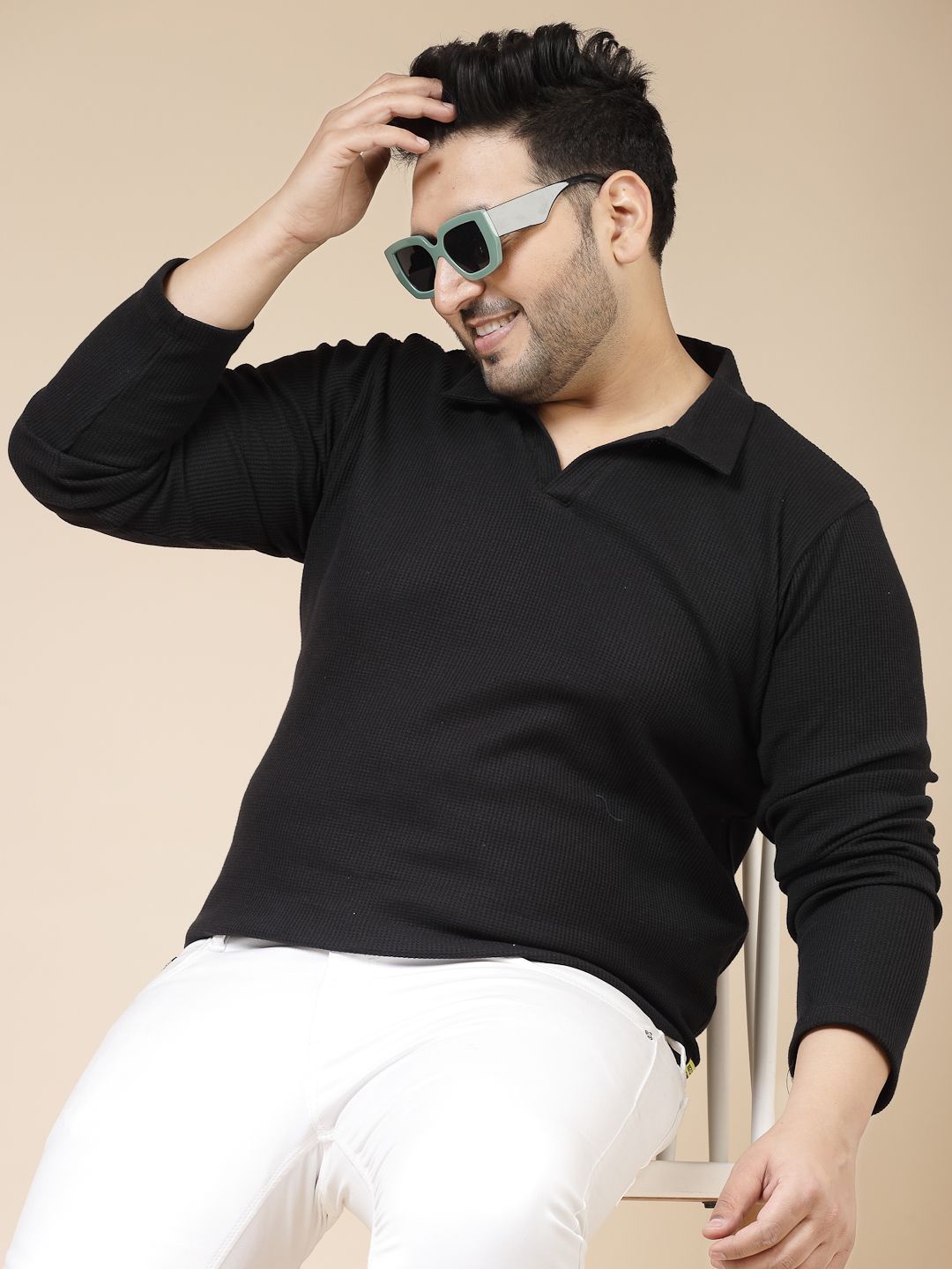 

Rigo Men Plus Size Solid Knit Polo Collar Cotton Slim Fit T-shirt, Black