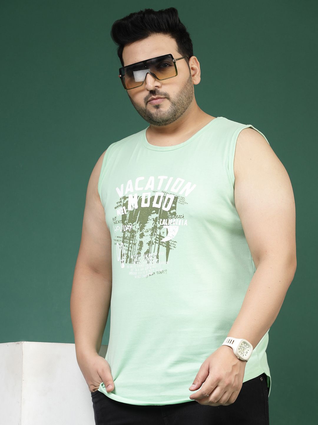 

Rigo Plus Size Men Printed Round Neck Cotton Slim Fit Vest T-shirt, Green