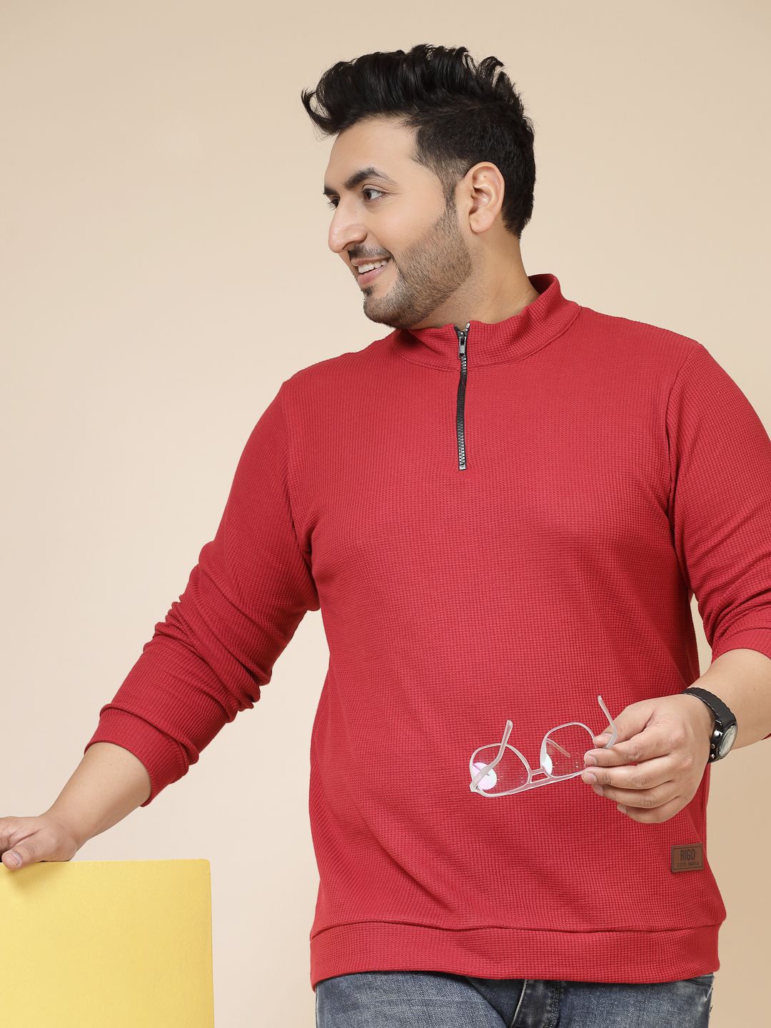 Rigo Men Plus Size Solid Knit High Neck Cotton Slim Fit T-shirt, Maroon