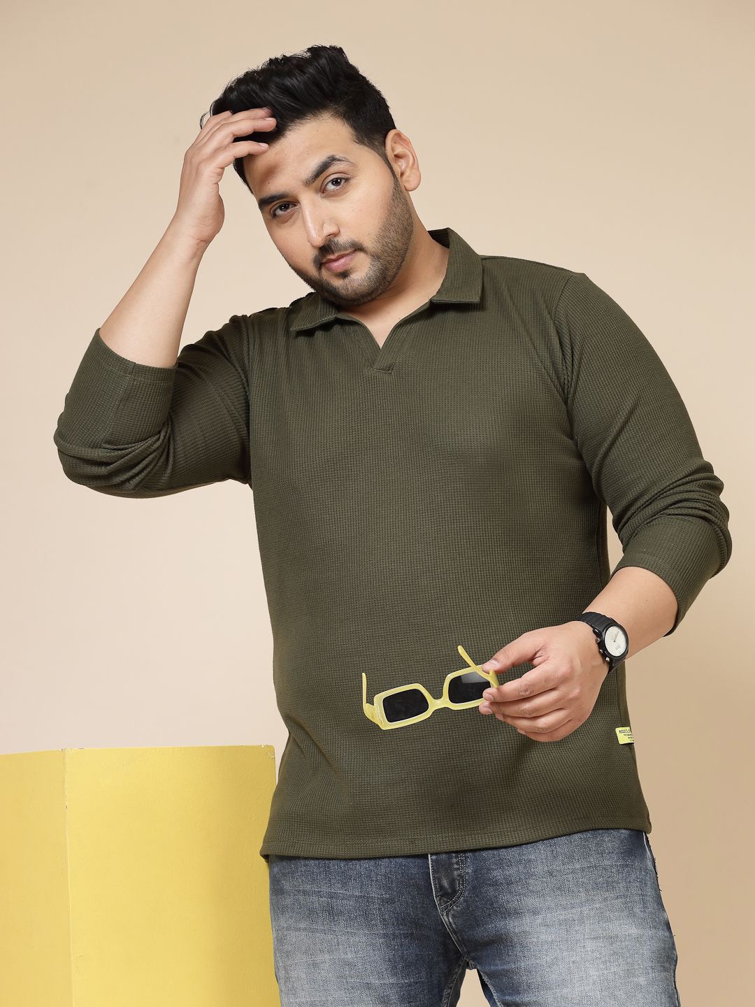 

Rigo Men Plus Size Solid Knits Polo Collar Slim Fit Cotton T-shirt, Olive