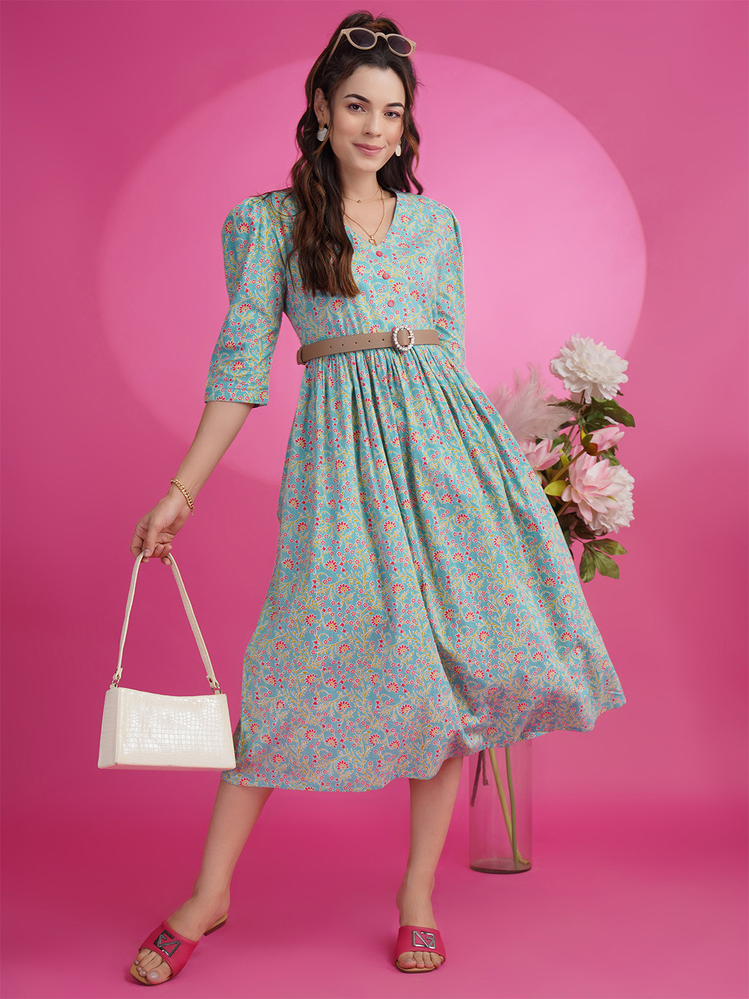 

Sangria Women Printed Pure Cotton Fit & Flare Dress, Blue