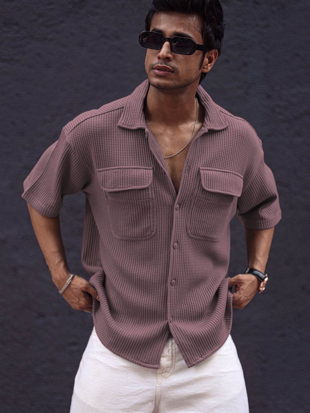 

Powerlook Men Solid Pockets Spread Collar Oversized Casual Shirt, Rose