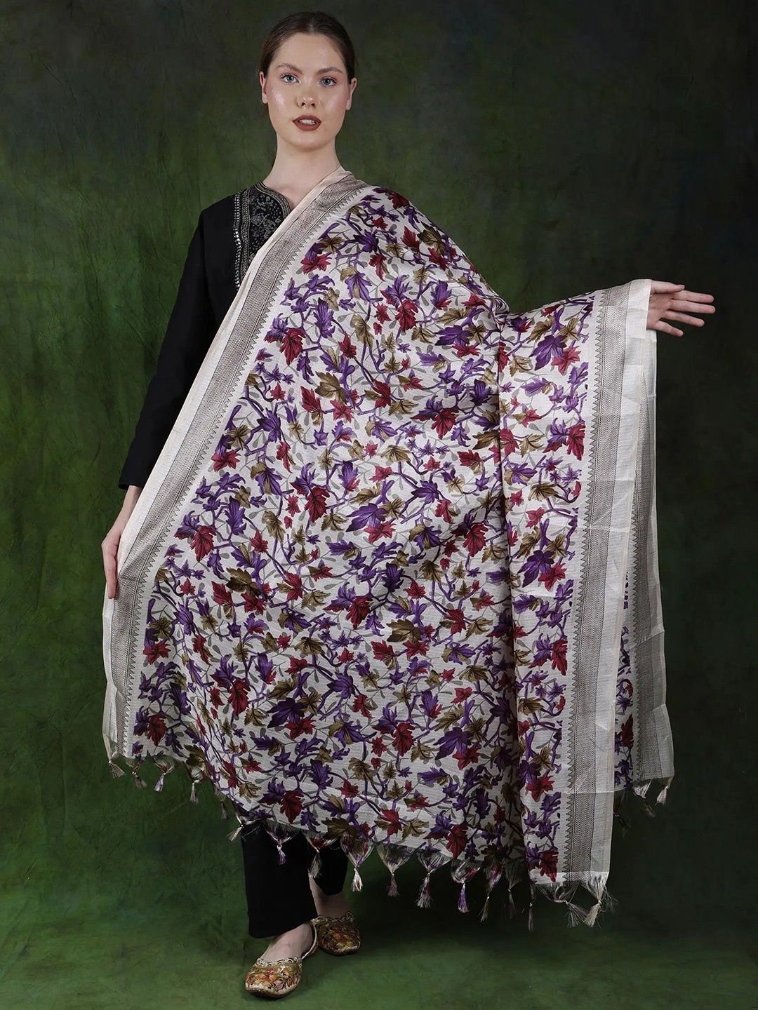 

Exotic India Pansy Art Silk Maple Leaf Printed Silk Dupatta with Tassels, White