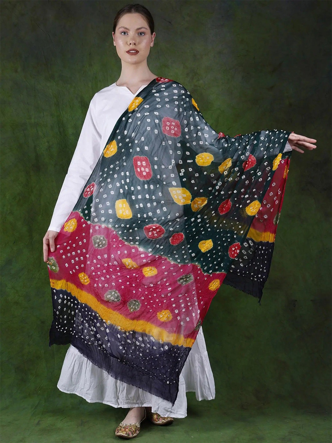 

Exotic India Rain Forest Rayon Tie-Dye Multicolor Printed Bandhani Dupatta, Green