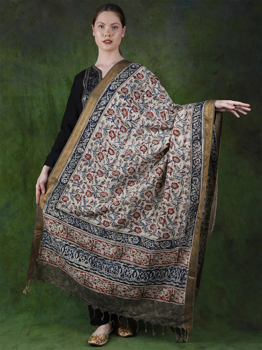 

Exotic India Kalamkari Printed with Zari Detailing Cotton Silk Dupatta, Beige