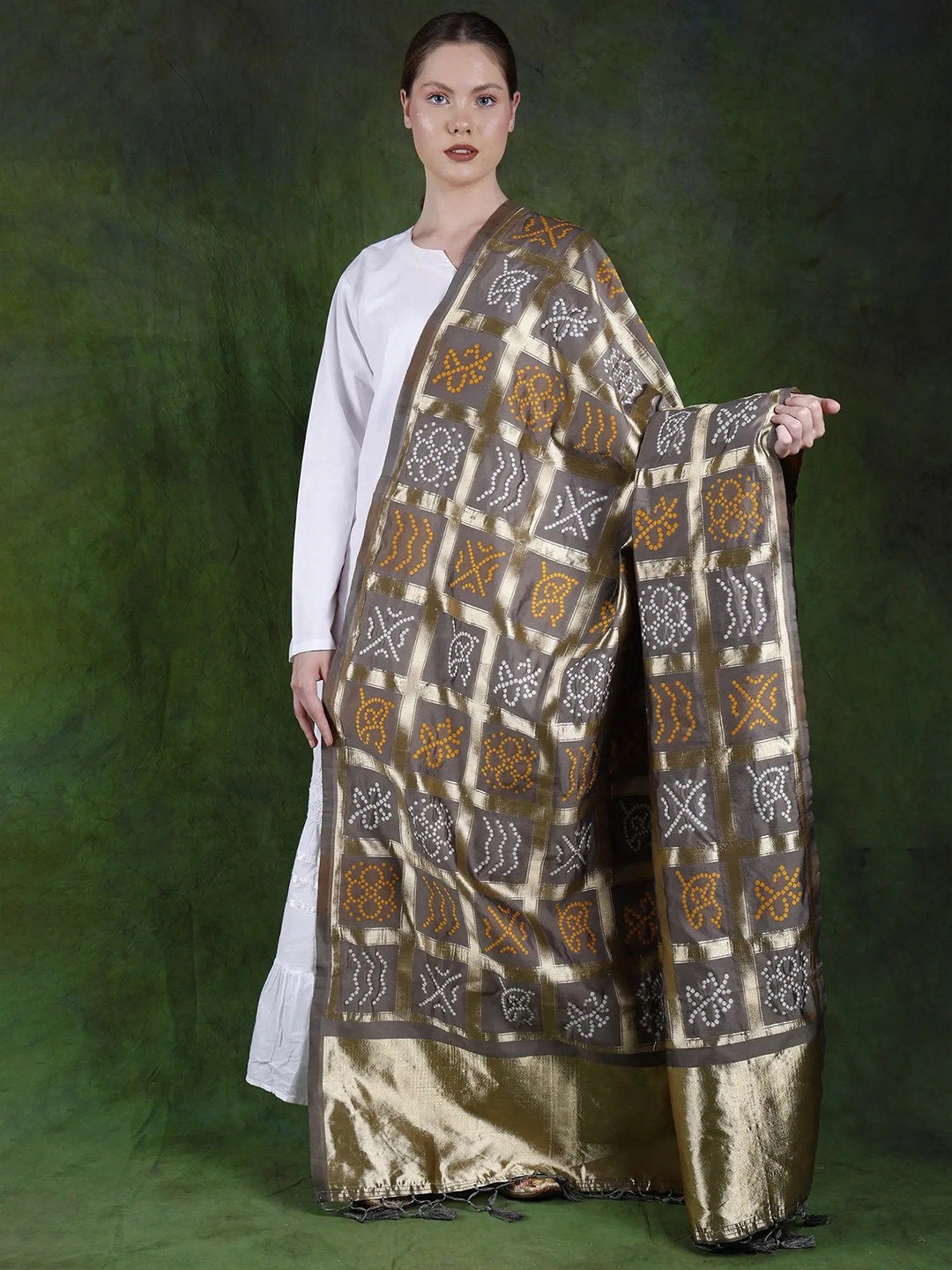 

Exotic India Cinder Bandhani Gharchola Zari Woven Checks Art Silk Dupatta, Brown