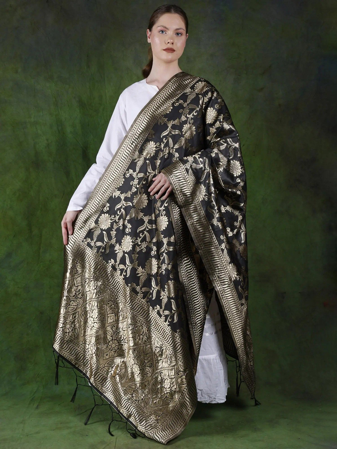 

Exotic India Floral Woven Design Zari Detailed Banarasi Dupatta, Black