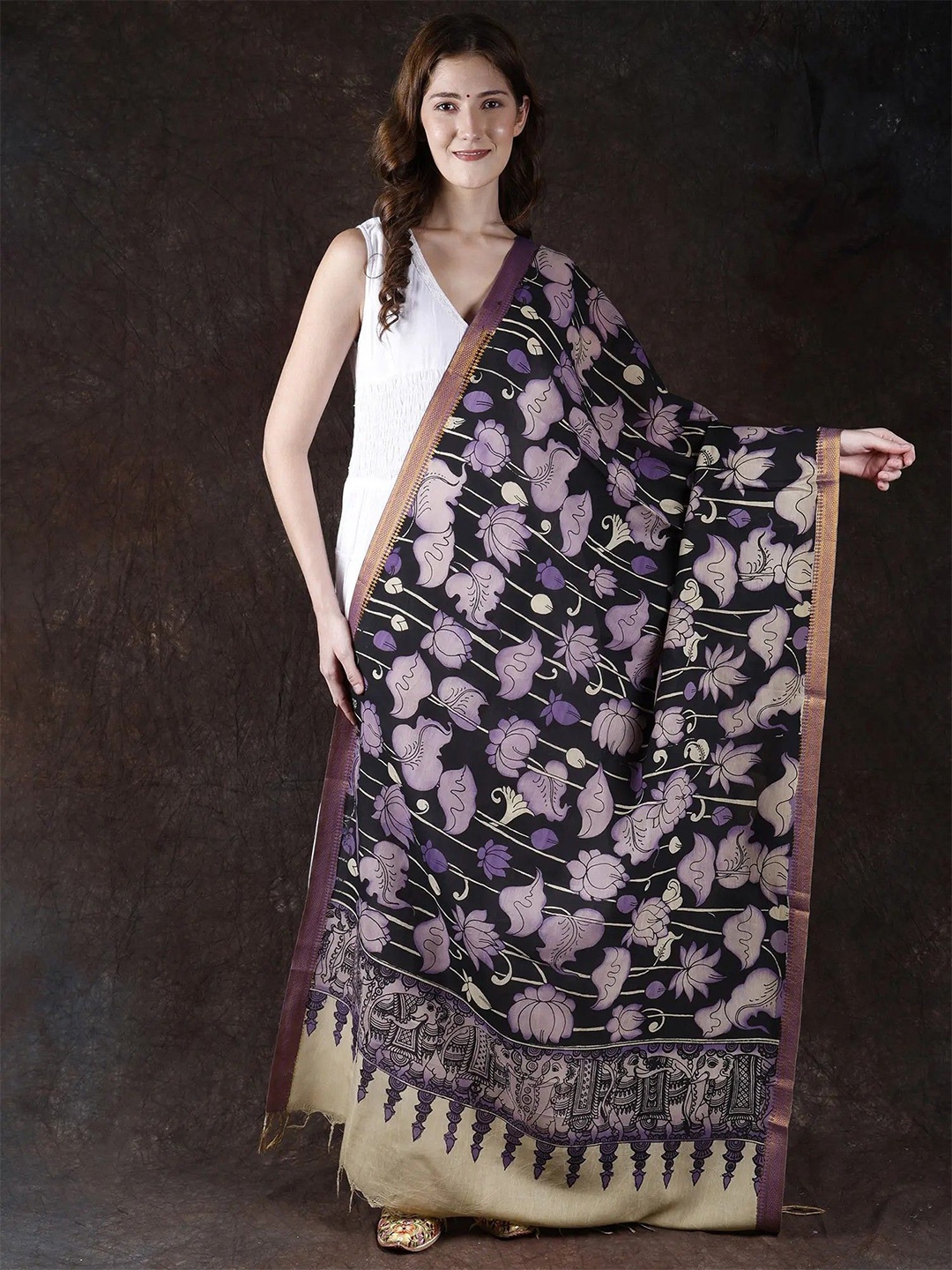 

Exotic India Stretch Limo Hand-Painted Lotuses Kalamkari Cotton Dupatta with Zari Border, Black