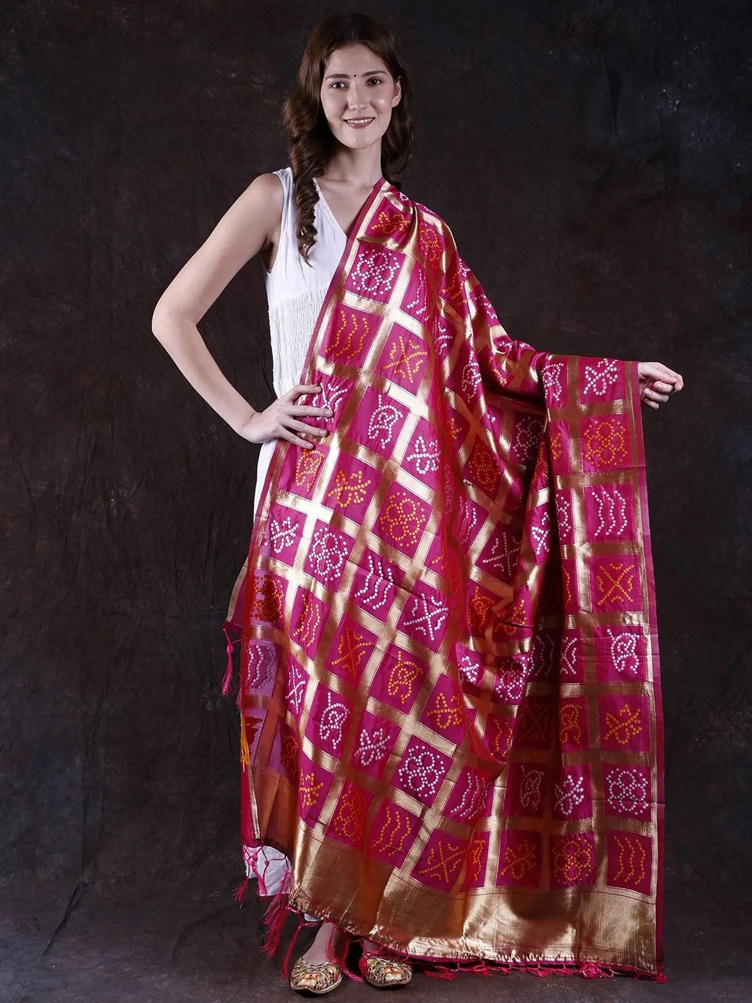 

Exotic India Woven Design Bandhani Zari Detailed Dupatta, Pink