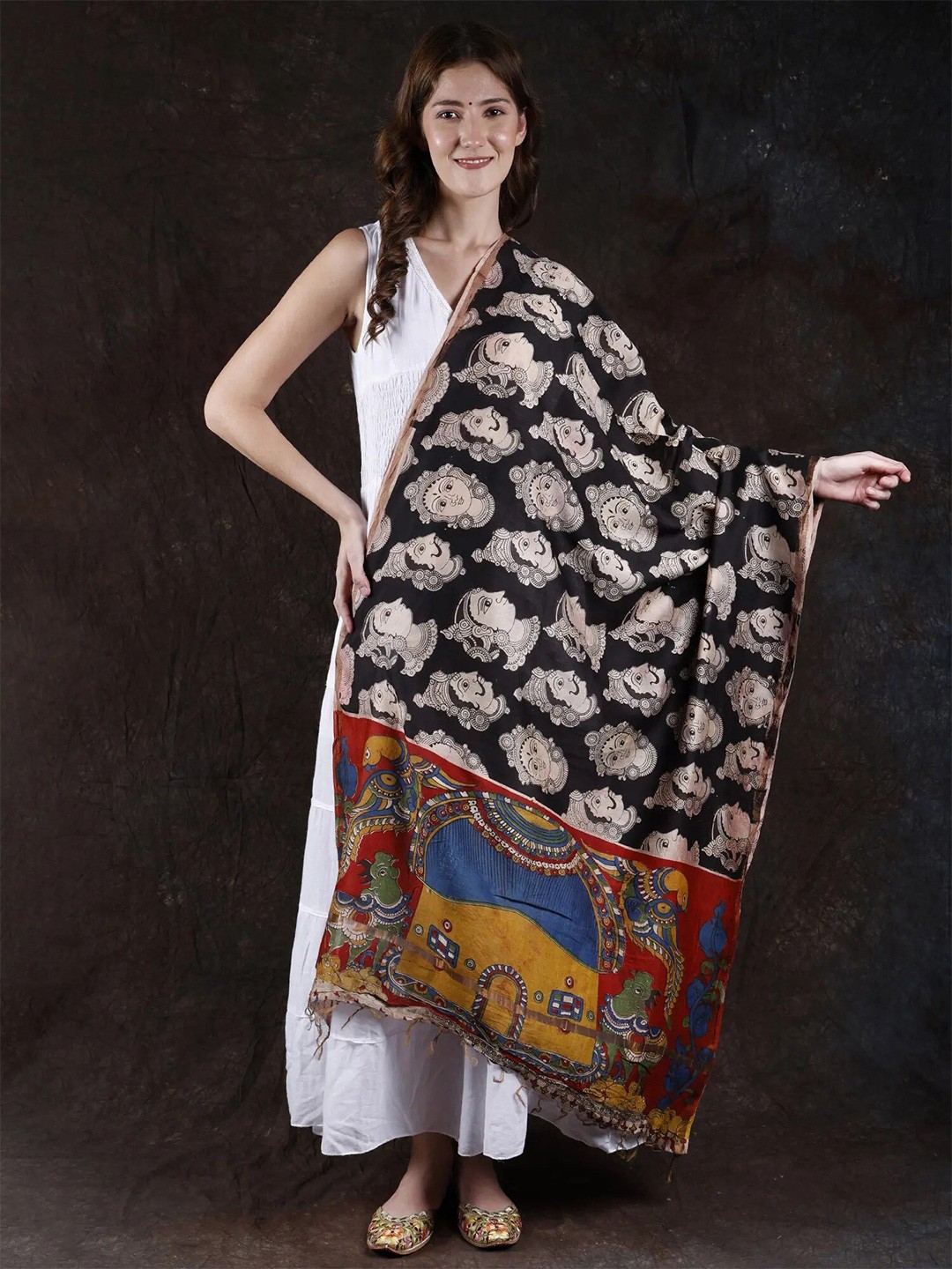 

Exotic India Ethnic Motifs Printed Pure Cotton Kalamkari Dupatta, Black