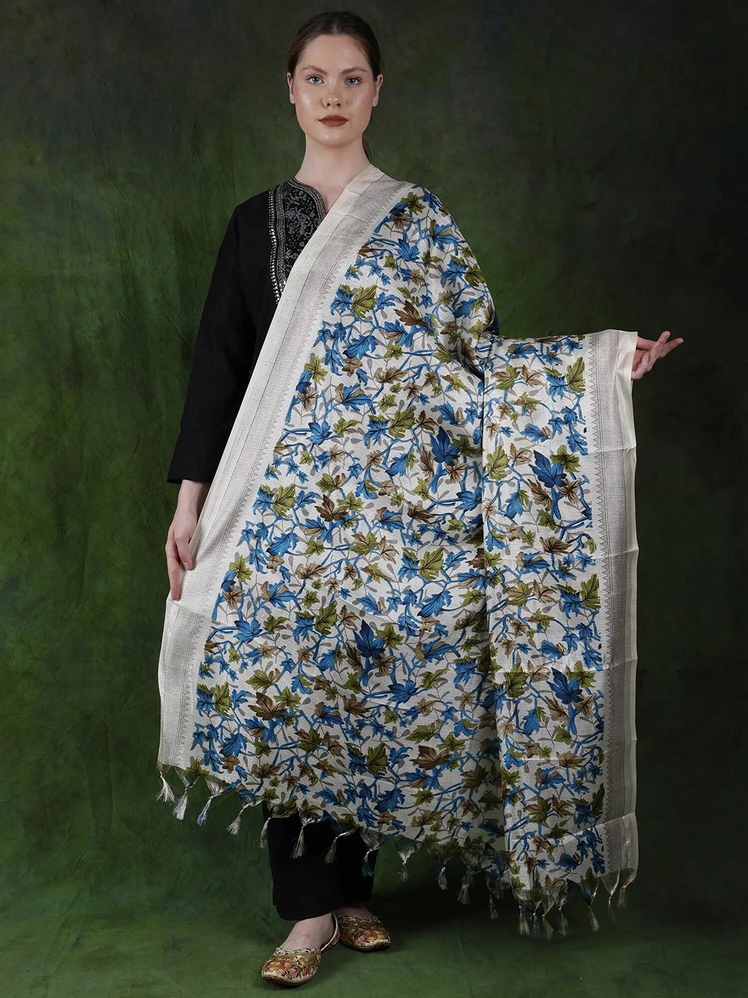 

Exotic India Methyl Blue Art Silk Maple Leaf Printed Silk Dupatta with Tassels