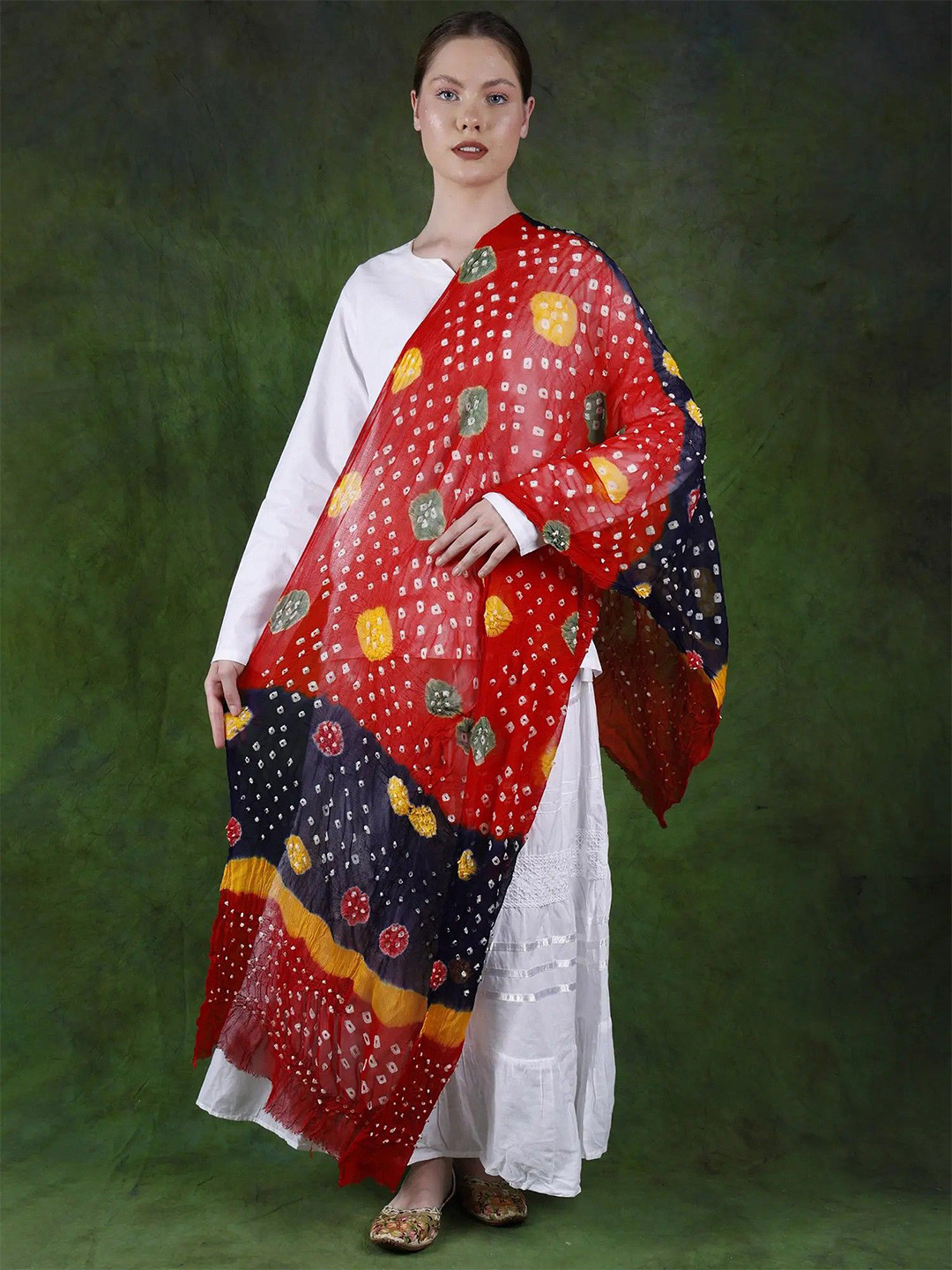 

Exotic India Hibiscus Rayon Tie-Dye Multicolor Printed Bandhani Dupatta, Red
