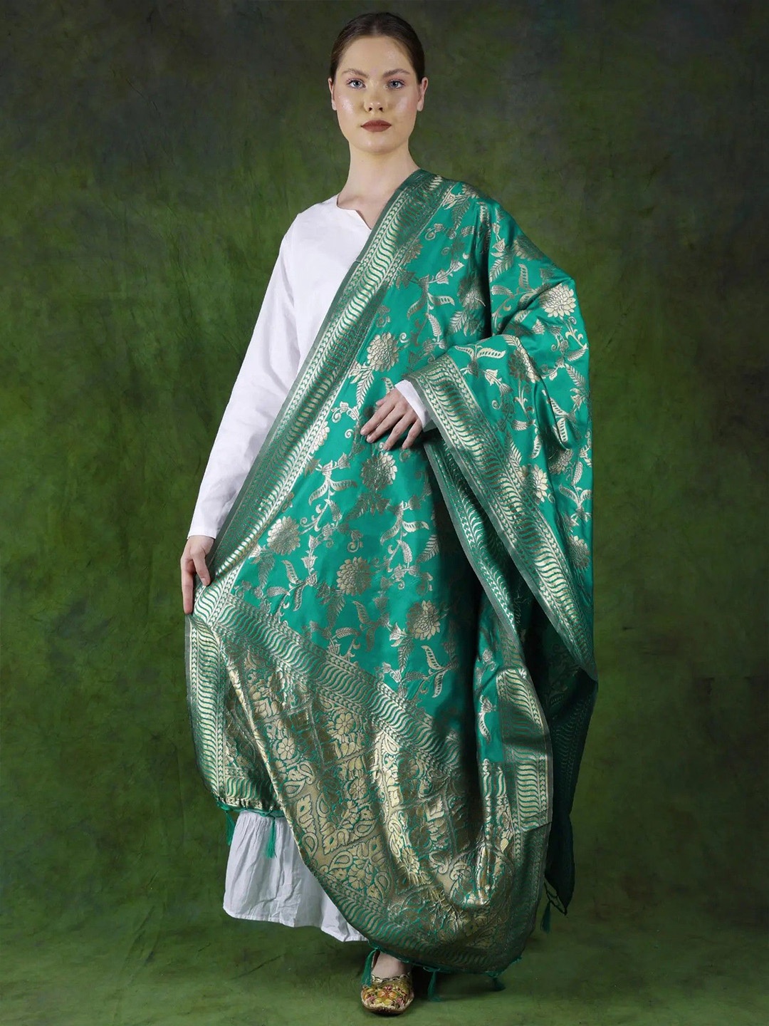 

Exotic India Navigate Art Silk Brocaded All-Over Floral Vine Pattern Banarasi Dupatta, Green
