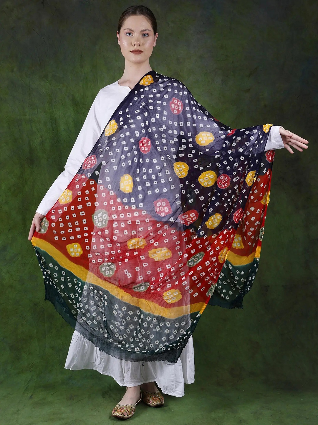 

Exotic India Rhodonite Rayon Tie-Dye Multicolor Printed Bandhani Dupatta, Red