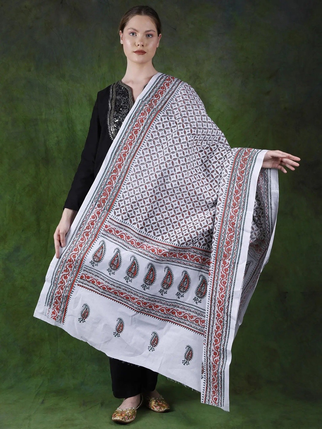 

Exotic India Ethnic Motifs Printed Pure Cotton Dupatta, White