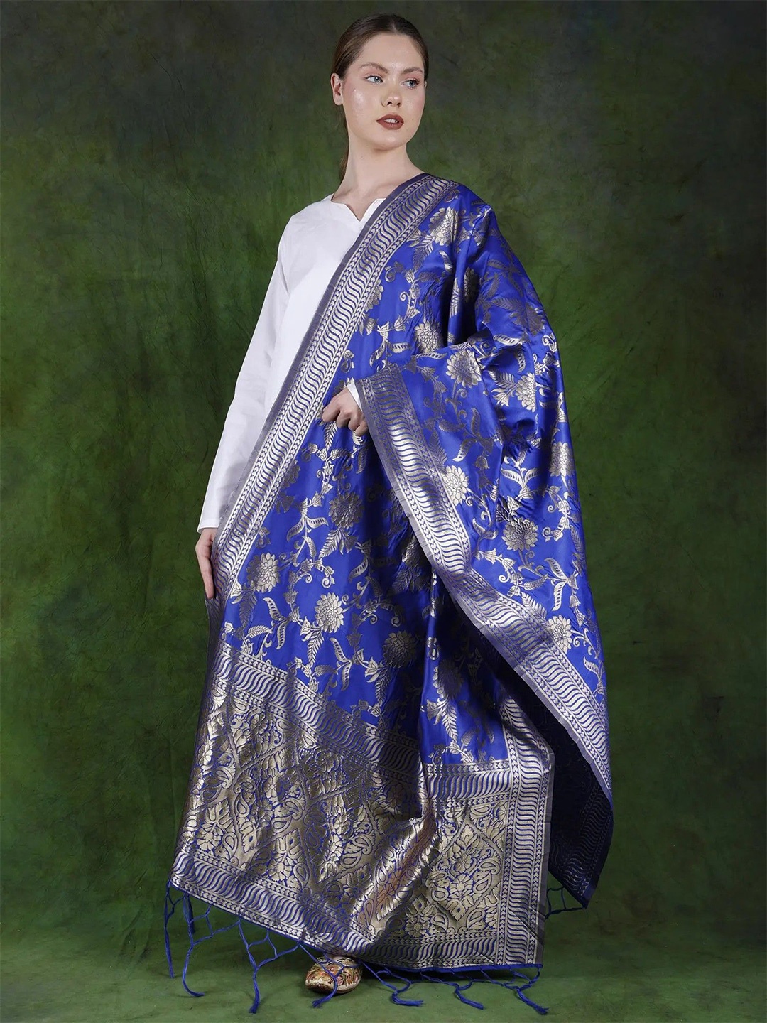 

Exotic India Dazzling Blue Art Silk Brocaded All-Over Floral Vine Pattern Banarasi Dupatta