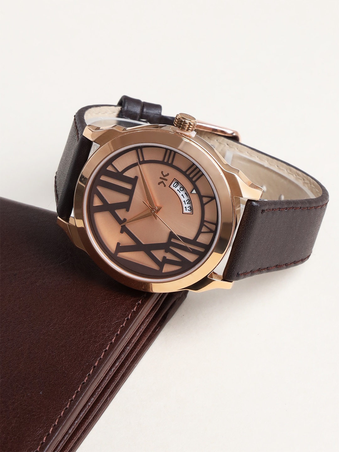 

Killer Men Brass Dial & Leather Straps Analogue Watch KLMO80F, Rose gold