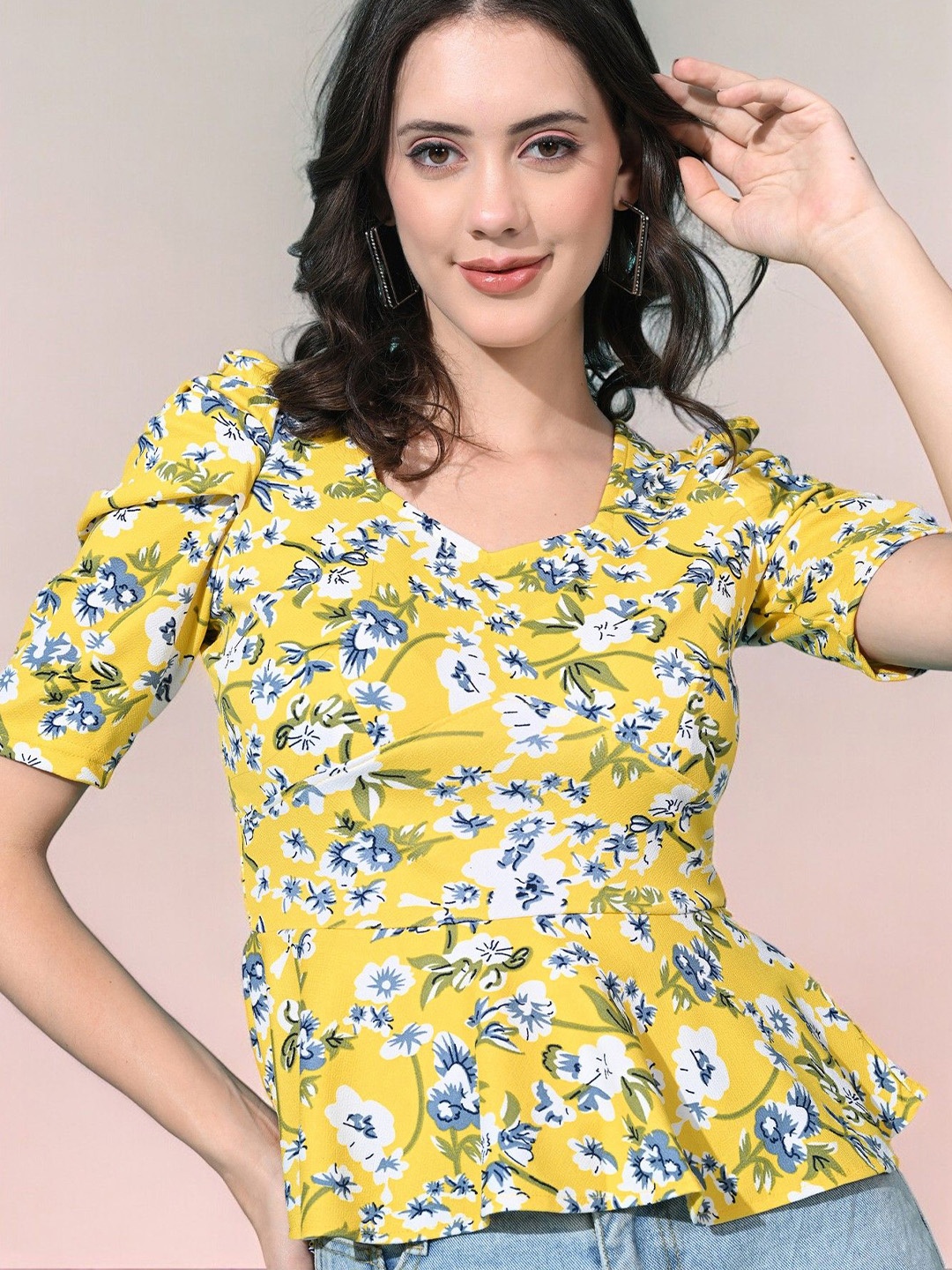 

BAESD Floral Printed Puff Sleeves Peplum Top, Yellow